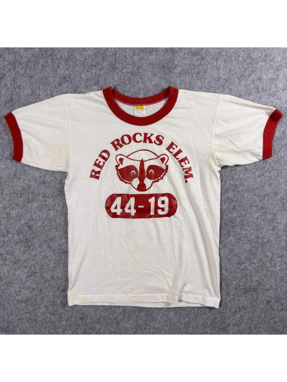 Vintage Red Rocks Elem Ringer T-Shirt White Red Raccoon Graphic B(L)